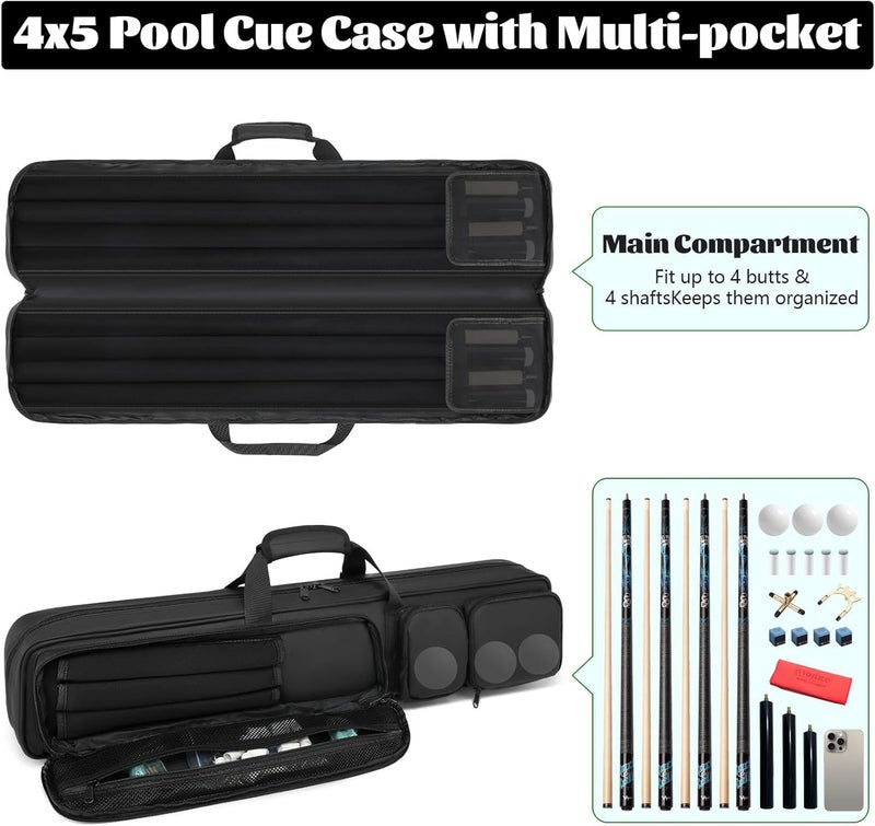Beejirm Pool Cue Case 4x4, Pool Stick Case Cue Bag with Hidden Backpack-Strap, Cue Stick Case Holds 4 Butts and 4 Shafts, Billiard Pool Cue Carrying Case with Large Front Accessory Pockets and 1 Cue Ball Case - Image 3